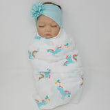 100% Organic Muslin &  Hairbow Swaddle Gift Set Girl Unicorns Flamingos Aloha