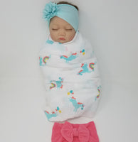 100% Organic Muslin &  Hairbow Swaddle Gift Set Girl Unicorns Flamingos Aloha