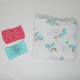 100% Organic Muslin &  Hairbow Swaddle Gift Set Girl Unicorns Flamingos Aloha