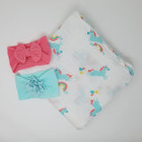 100% Organic Muslin &  Hairbow Swaddle Gift Set Girl Unicorns Flamingos Aloha