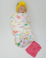 100% Organic Muslin &  Hairbow Swaddle Gift Set Girl Unicorns Flamingos Aloha