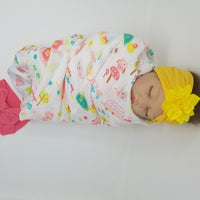 100% Organic Muslin &  Hairbow Swaddle Gift Set Girl Unicorns Flamingos Aloha