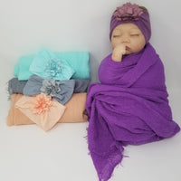 Softest Muslin  & Hairbow Swaddle Set Gift Set  Baby Girl Peach Purple Gray Aqua