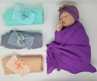 Softest Muslin  & Hairbow Swaddle Set Gift Set  Baby Girl Peach Purple Gray Aqua