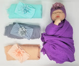 Softest Muslin  & Hairbow Swaddle Set Gift Set  Baby Girl Peach Purple Gray Aqua