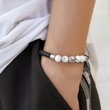 Stainless Steel Magnetic Clasp Baseball Bead Men's White Stone Bracelet Braided Leather Bracelet