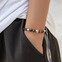 Stainless Steel Magnetic Clasp Baseball Bead Men's Tigers Eye Bracelet Braided Leather Bracelet