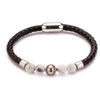 Stainless Steel Magnetic Clasp Baseball Bead Men's White Stone Bracelet Braided Leather Bracelet